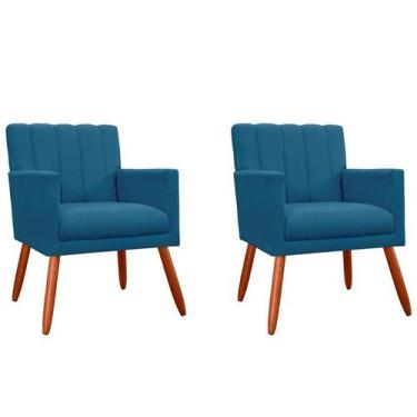 Imagem de Kit 2 Poltronas Decorativa Cecília Suede Azul Marinho Pés Madeira Ms D