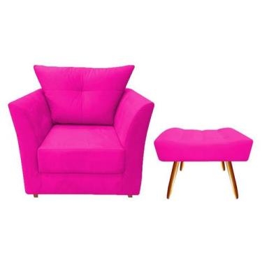 Imagem de Kit Poltrona Decorativa Isis + Puff Retangular Couro Rosa Pink Pés Mad