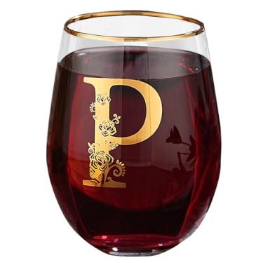 Imagem de Taça de vinho com monograma floral sem haste exclusiva gravada com inicial para tinto ou branco 425 g copo de vinho letra P - presentes para mulheres, homens, presentes de aniversário, Natal,