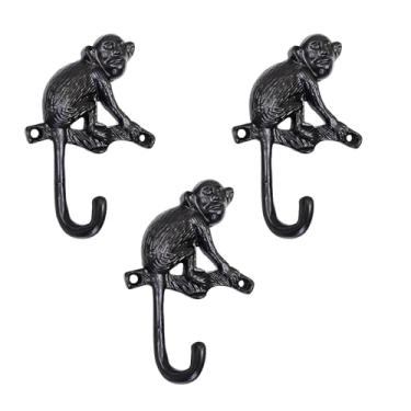 Imagem de AYZCORP Conjunto de 3 ganchos de ferro fundido em forma de macaco para decoração de arte de parede - cabides em forma de macaco e porta-chaves - cabide de roupas e mochila - ganchos para casaco,