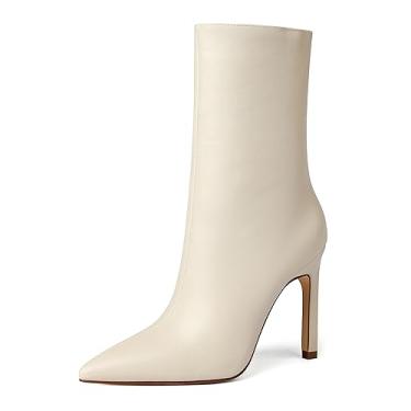 Imagem de Reitoye Bota feminina de bico fino, cano baixo, cano baixo, salto agulha até o meio da panturrilha, Bege, 41