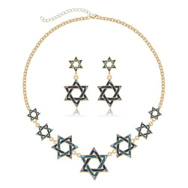 Imagem de PHALIN Colar de Hanukkah, brincos para mulheres, estrela de Davi, menorá, gargantilha, colar, acessórios de chanucá, lindos brincos com pingente de estrela azul, festival de luzes, roupas de joias