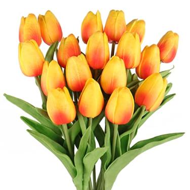 Imagem de Beferr 10 peças de tulipas artificiais tulipas artificiais toque real buquês de flores falsas arranjos para Páscoa primavera flores decoração de mesa casa laranja