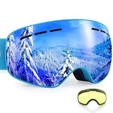 Imagem de Dizokizo Óculos de esqui lentes esféricas intercambiáveis para esqui snowboard antiembaçamento 100% proteção UV espumas respiráveis triplas para mulheres homens REVO azul