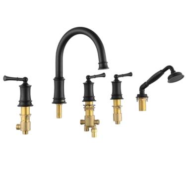 Imagem de Torneira de banheira romana com chuveiro de mão, conjunto de torneira de chuveiro de banheira antiga com válvula para 5 furos, conjunto de torneira de banheira de chuveiro de montagem em convés,