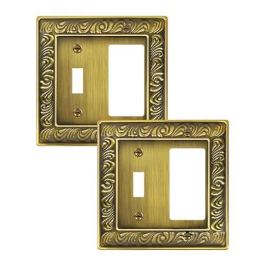 Imagem de treewell Pacote com 2 placas para interruptores de luz decorativos, placa decorativa para tomada de parede com padrão paisley, tampas de tomada elétrica de latão antigo, placas de interruptor de