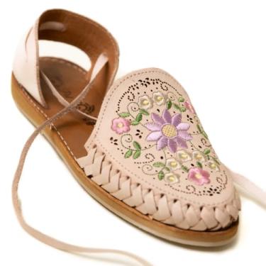 Imagem de Mexico en la Piel Sandálias Huarache de couro feitas à mão para mulheres - design romano com cadarço, sola de crepe, bordado floral, leve e respirável, disponível em natural, Shedron e branco,