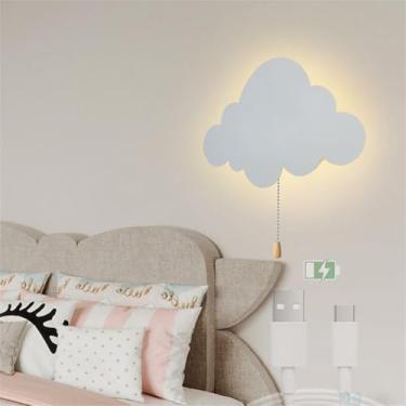 Imagem de Luminária de parede interna em forma de nuvem lunar com interruptor de cordão LED, lâmpada de parede recarregável por USB, alimentada por bateria, luzes de parede noturnas, decoração moderna