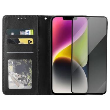 Imagem de Capinha Carteira Flip com Película 3D Privacidade para iPhone 14, Preta, Compartimentos para Cartões