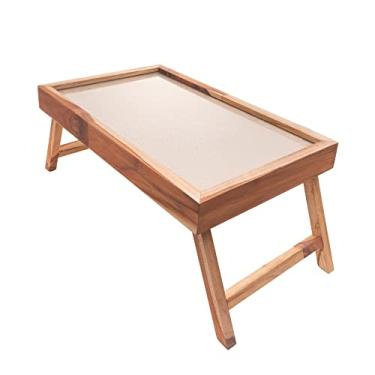 Imagem de WOODART Mesa de madeira teca para cama, bandeja de café da manhã na cama e jantar para comer no sofá com pernas dobráveis, mesa de laptop, 51 x 30 cm x 23 cm
