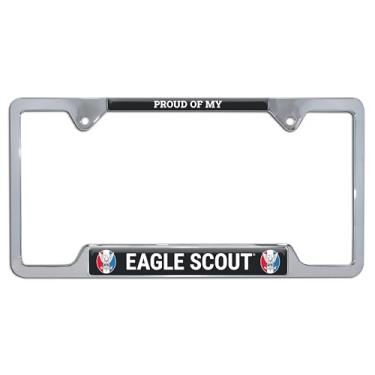 Imagem de Elektroplate Oficialmente licenciado – Eagle Scout of America Proud Parent Moldura de placa de licença de canto aberto de metal cromado brilhante. Suporte de etiqueta de carro BSA de metal premium à