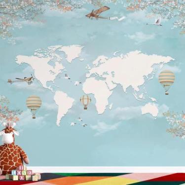 Imagem de Papel De Parede Infantil De Mapa Mundi Azul Claro Com Aviões - AloPape