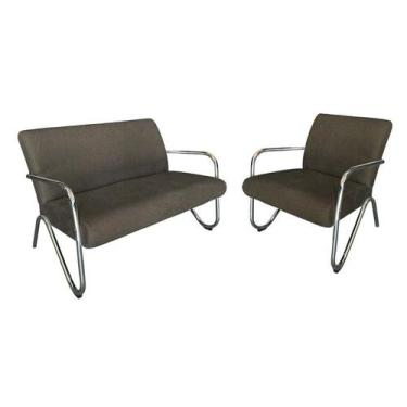 Imagem de Kit Namoradeira + Poltrona Decorativa Bela Linho Marrom Braço Cromado 