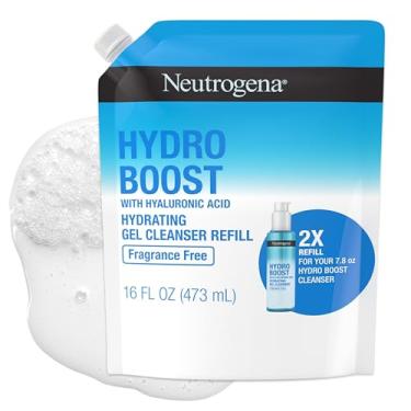 Imagem de Neutrogena Hydro Boost Gel de limpeza facial hidratante sem fragrância com ácido hialurônico, sabonete facial espumante diário e removedor de maquiagem, sabonete facial suave, não comedogênico, bolsa
