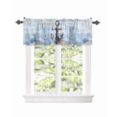 Imagem de Cortinas curtas com bolso de varão para janela, âncora náutica, estrela-do-mar, coral, sanefa para cozinha, cortina de prancha de madeira azul, tratamento de janela para quarto, sala de estar,