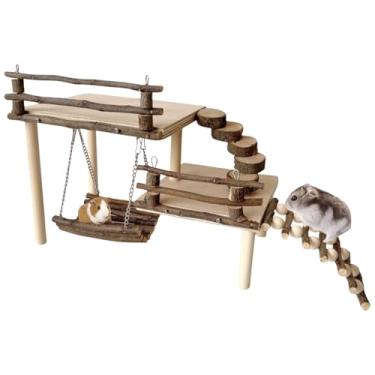 Imagem de Brinquedos de escalada de hamster DIY plataforma de jogo de madeira natural com balanço de madeira de maçã hamster playground com 2 plataformas, escada de 5 degraus e ponte de 6 degraus, brinquedos