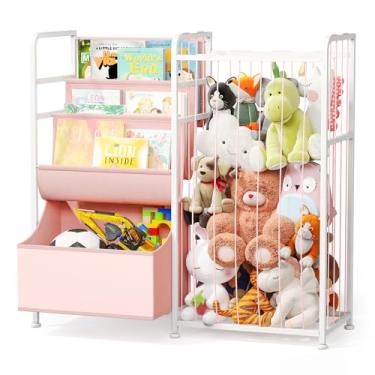 Imagem de BBLIKE Estante infantil e armazenamento de animais de pelúcia - Prateleiras multifuncionais de berçário com caixa de brinquedos de couro e expositor de livros, organizador de brinquedos para sala de