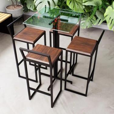 Imagem de Conjunto Mesa Alta Bar Bistrô Quadrada Vidro 4 Banquetas Confort Imbuia Industrial Black