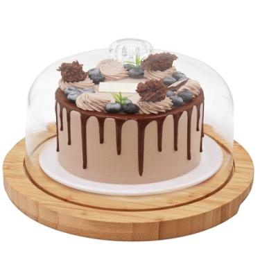 Imagem de Vacream Suporte de bolo para festa, suporte de bolo de bambu com tampa de acrílico, travessas grandes para servir, suporte decorativo para mesa de sobremesa, tábuas de charcutaria, bandeja de servidor