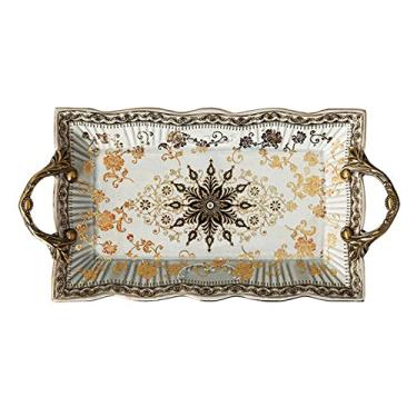 Imagem de Bandeja de serviço Bandeja de cerâmica luxuosa com luz vintage, decoração de sala de estar, bandeja de sobremesa de frutas, design de perna alta Bandeja decorativa