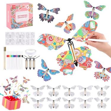 Imagem de Happy makers Kit de artesanato de borboleta voadora faça você mesmo, 10 borboletas de papel e 12 canetas coloridas, faça sua própria pulseira de borracha de brinquedo de borboleta mágica perfeita para