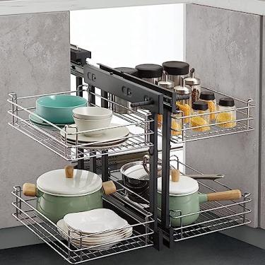 Imagem de Cesta organizadora de canto para cozinha, organizador multifuncional de canto cego para armário de cozinha, suporte giratório para garrafas de armazenamento doméstico com fechamento macio, cesta de
