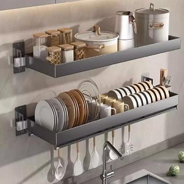 Imagem de AKALNNB Escorredor de louças suspenso, suporte de parede escorredor de pratos sobre a pia, escorredor de pratos de 2 camadas, organizador de prateleira com economia de espaço (cinza 75 x 25,7 x 3,5 cm