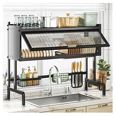 Imagem de AKALNNB Escorredor de louça, escorredor de pratos sobre a pia, escorredor de pratos de cozinha de comprimento ajustável de 2 níveis, prateleira organizadora de armazenamento doméstico acima do balcão