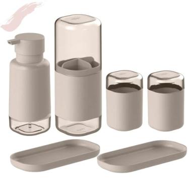 Imagem de Conjunto Banheiro Completo 6 Pçs Porta Escovas Porta Sabonete Líquido Porta Algodão Porta Cotonete e 2 Bandejas Cor Bege