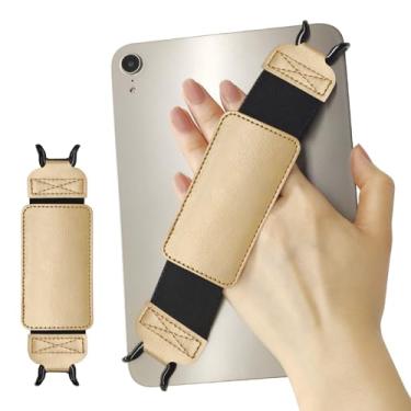 Imagem de Alça de mão de couro para tablet/iPad de 6,5 a 9,5 polegadas, alça de dedo para iPad Pro/Air/Kindle Fire HD, alça de mão versátil de alta elasticidade, dourada