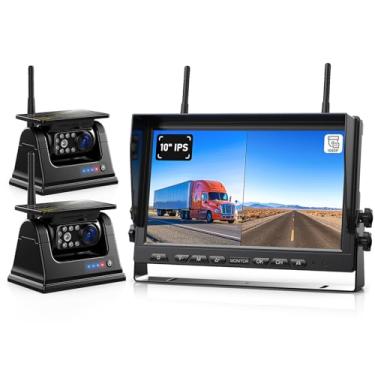 Imagem de ZEROXCLUB Câmera de reserva magnética sem fio solar HD 1080p monitor DVR de 10 polegadas, sistema sem fio de duas câmeras RV para reboque de engate, viagem, trailer, trailer, 5ª roda, bateria embutida