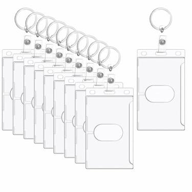 Imagem de Pacote com 10 porta-cartões de identificação de plástico rígido vertical fosco, porta-cartão de identificação transparente com chaveiro, protetor de cartão de combustível rígido, porta-chaves seguro