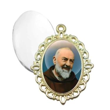 Imagem de Relicario Dourado Padre Pio Terno Noivo lapela Qualidade Resinado Alto