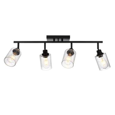Imagem de PENDRION Kits De Iluminação Trilho Completos Modernos Com 4 Luzes, Luminária Penteadeira Preta Cúpula Vidro, Luminárias Industriais Teto Para Áreas Internas, Cabeça Giratória Flexível Cozinha