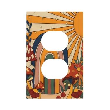 Imagem de 70s Boho Vintage Sun Rainbow 1 Gang Duplex Single Light Switch Plate Outlet Cover Retro Cogumelo Floral Placa de Parede Decorativa Placa Frontal Placa Elétrica para Quarto