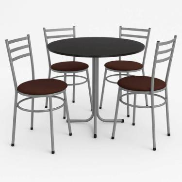 Imagem de Mesa de Jantar Redonda 80cm Preta Com 4 Cadeiras Estofada Cinza - Lama