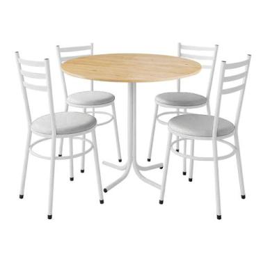 Imagem de Mesa de Jantar Redonda 80cm Pinus Com 4 Cadeiras Estofada Branca - Lam