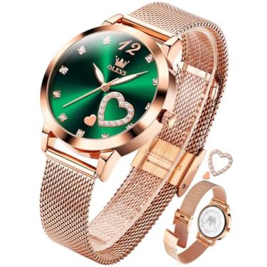 Imagem de OLEVS Relógio feminino de malha com data, analógico, quartzo, feminino, vestido clássico, relógio de pulso feminino à prova d'água (azul/preto/branco), ouro rosa e verde, relógios de negócios