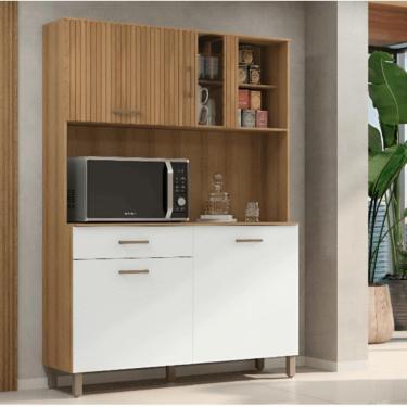 Imagem de Kit Cozinha Viena Completa com Armários Estantes e Nichos para Utensílios e Eletrodomésticos Branco Ripado