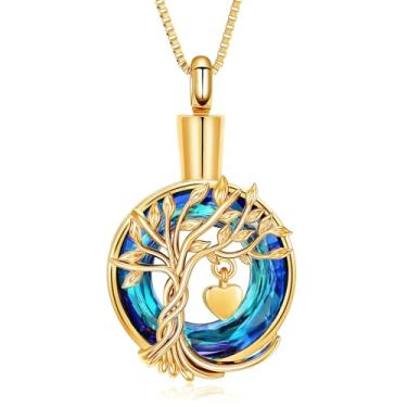 Imagem de QGJNSGC Colar de urna de árvore da vida, joia de cremação, para cinzas, pingente de cinzas de aço inoxidável, círculo de cristal para mulheres e homens, memorial de lembrança para joias e presentes