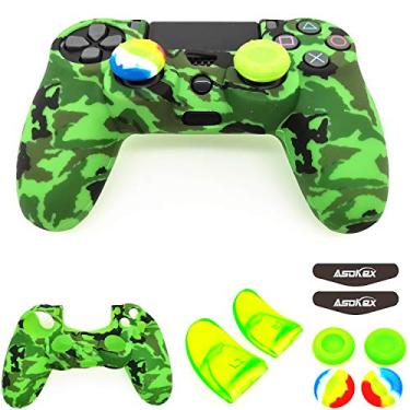 Imagem de Capa de silicone para controle Ps4 (1 capa antiderrapante, 1 par extensor de gatilho L2 R2, 4 peças de apoio para polegar, 4 peças de protetor de barra de luz de LED para controle DualShock PS4/Slim/Pro, Green camouflag