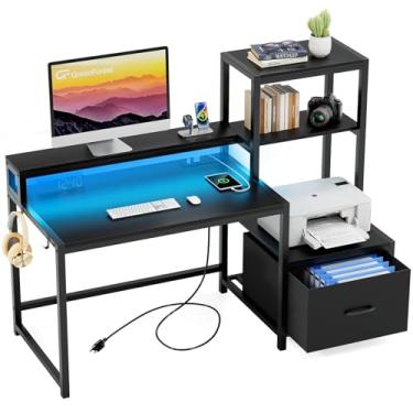 Imagem de GreenForest Mesa De Computador Com Gavetas E Suporte Para Monitor, Mesa De Escritório Em Casa Com Prateleiras De Armazenamento, Mesa De Jogos Pequena Com Tomadas Elétricas E Luzes Led Para Estudo, E
