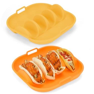 Imagem de Suporte de silicone para tacos, pacote com 2, placas reutilizáveis para taco com divisórias, bandeja suporte para tacos Fiesta. Pratos de servir tacos, seguros para lava-louças e micro-ondas (2