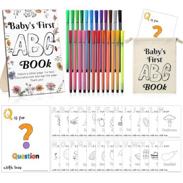 Imagem de Geelin Fun Baby Shower Game Activities First Abc Book Sign Coloring Game Card 26 Alfabeto a Z Cartão de colorir com 24 canetas aquarela bolsa de armazenamento para festa de chá de bebê (flores