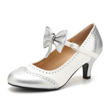 Imagem de LIURUIJIA Sapato social feminino de salto baixo Mary Jane Oxfords confortável com tira no tornozelo com laço, Prata, 38