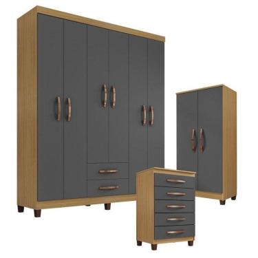 Imagem de Guarda Roupa Casal Modena Com Cômoda Cannes 5 Gavetas E Armário Multiuso Recife Carvalho Americano Grafite – Incorplac