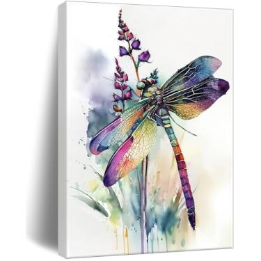 Imagem de Frimeeme Arte de parede em tela de libélula em aquarela, 30,5 x 40,6 cm, impressões de arte de parede em tela de inseto, libélula, imagens florais para banheiro, sala de estar