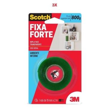 Imagem de Fita dupla face transp. fixa forte 19mm x 2m - 3m kit 3 pçs