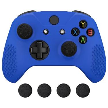 Imagem de eXtremeRate Capa de controle de silicone azul escuro antiderrapante macia e tampas pretas para controle de polegar para controle Xbox One X S - sem controle