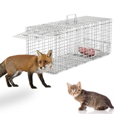 Imagem de Armadilha de animais humana de 81 cm, gaiola dobrável grande para animais vivos para esquilos/gatos vadios/guaxinins/raposas/coelhos, armadilhas de aço galvanizado à prova de ferrugem de até 7,5 kg